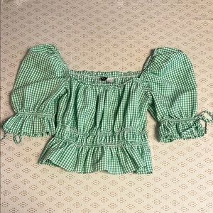 Divided Green Puff Sleeve Smocked Blouse